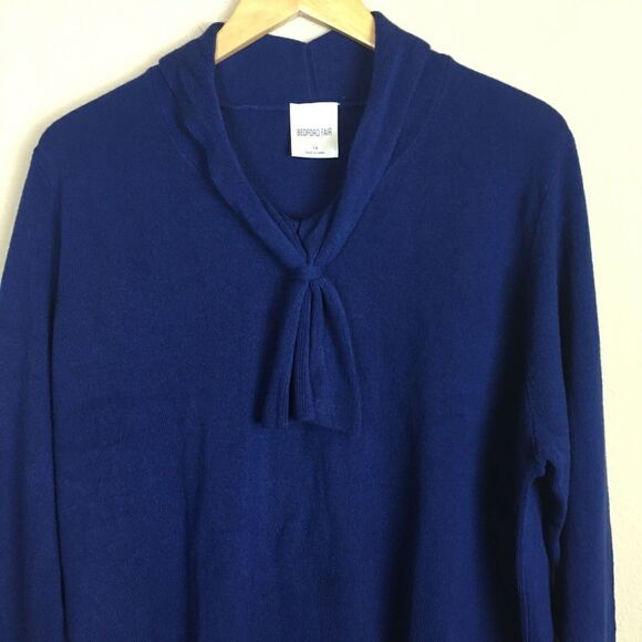 Bedford Fair Blue Bow Neck Sweater Soft Knit 1X Plus Size Classic Fall Cozy - Picture 3 of 7